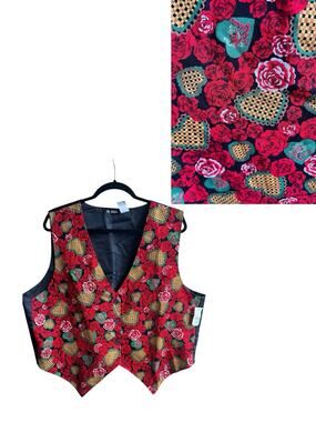 111 Main Valentine’s Day Vest Women’s 2X Vintage Heart Rose Print Novelty